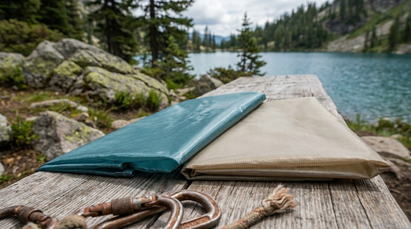 Close-up of silnylon and silpoly tarp fabric swatches side by side showing weave texture and sheen differences
