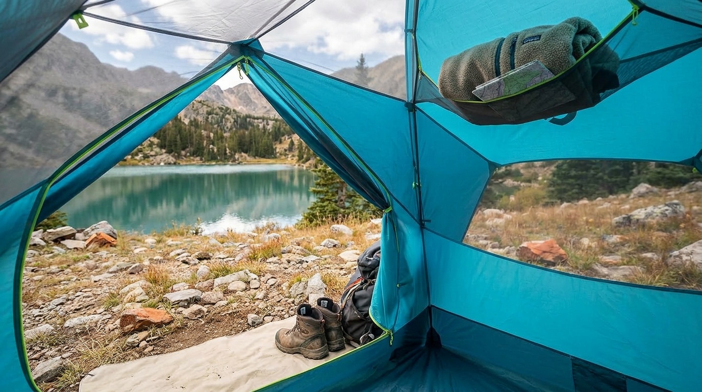 Interior of the NEMO Aurora Highrise 4-person tent showing vertical walls and gear loft
