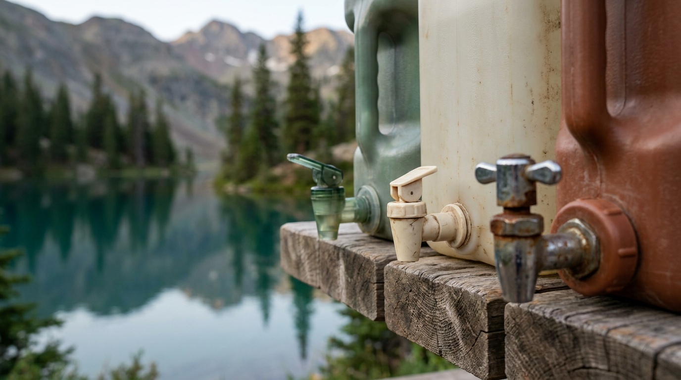 Close-up of three different camping water container spigots side by side on a wooden surface, showing valve design differences