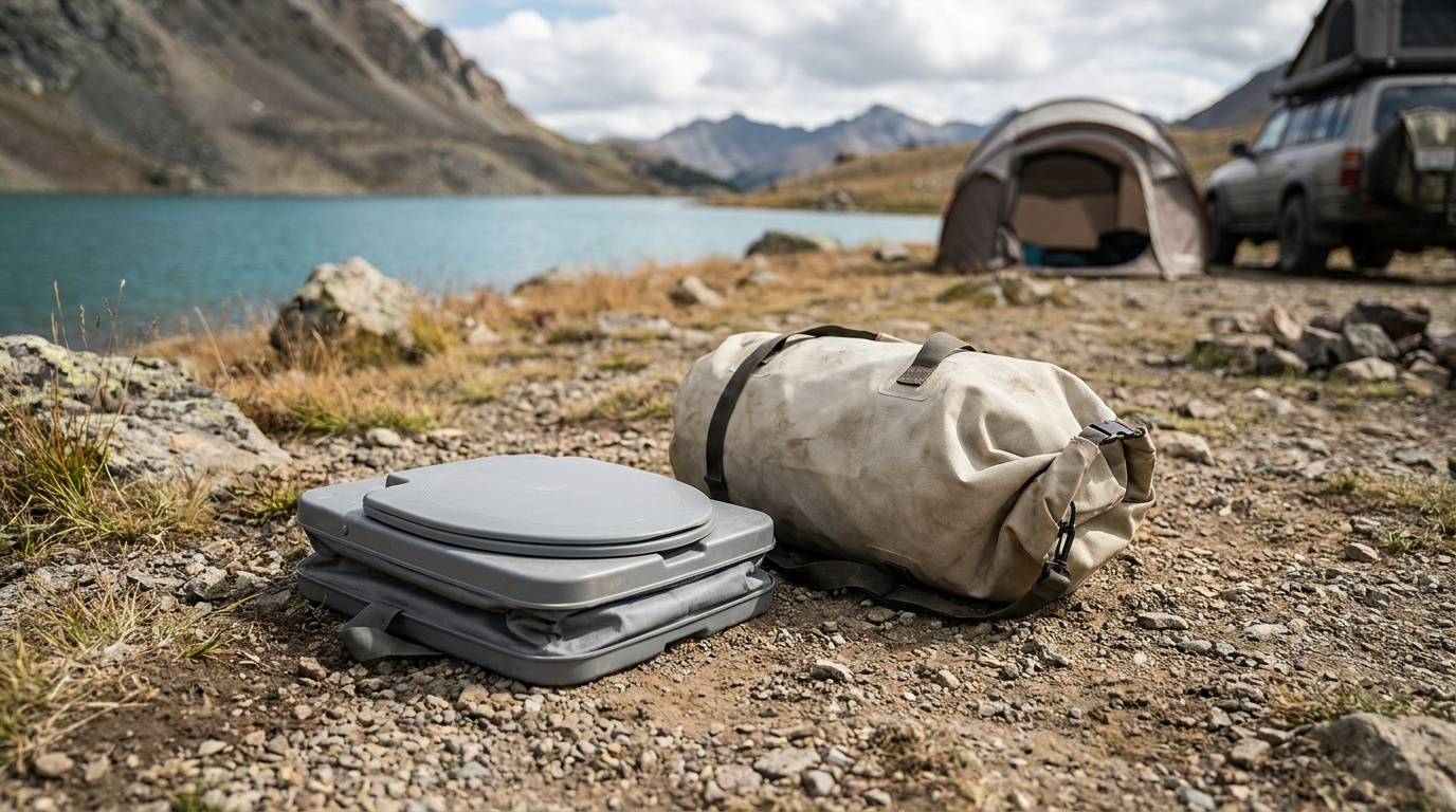 Cleanwaste GO Anywhere portable folding toilet collapsed flat next to a packed dry bag on a gravel overlanding campsite