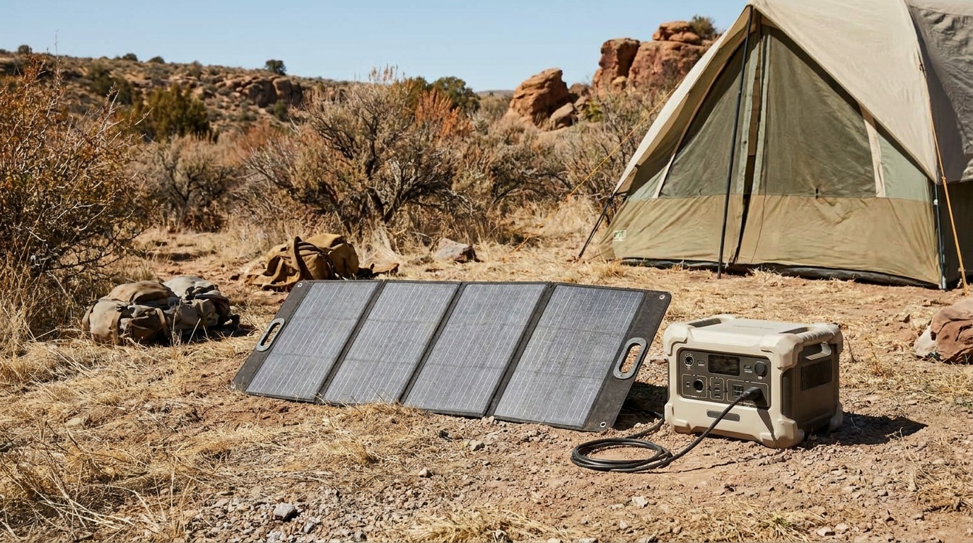 A 200-watt folding solar panel connected to a portable power station on the ground beside a tent, midday sun casting short shadows on desert scrub