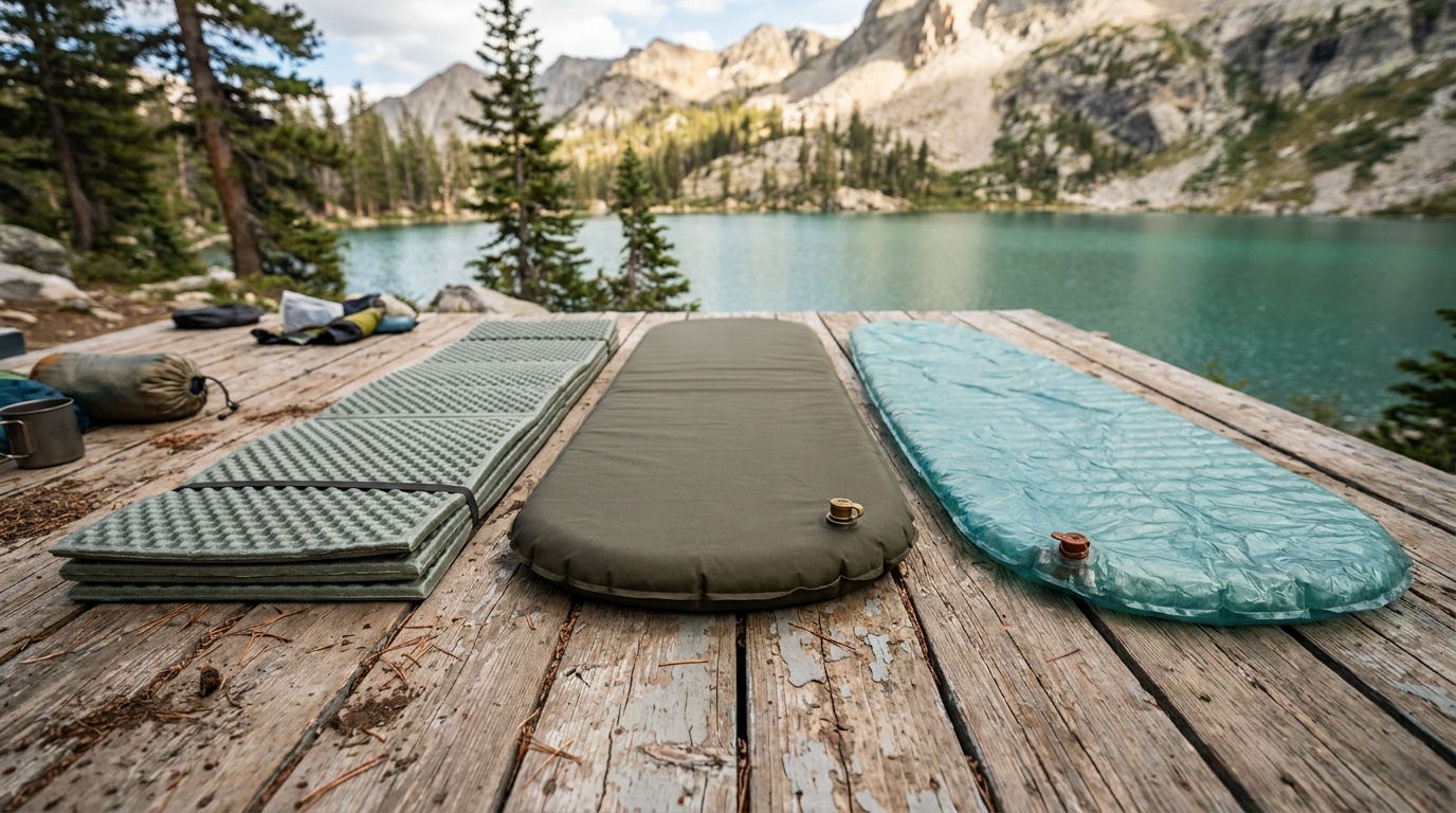 Three sleeping pad types side by side: foam accordion, self-inflating, and ultralight air pad, laid out on a wooden tent platform