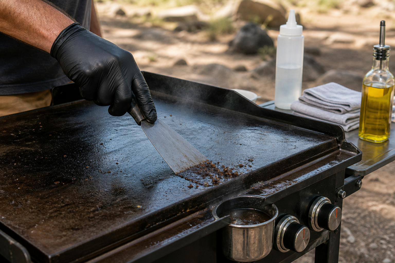 Cooked residue being scraped safely toward a camping griddle grease channel