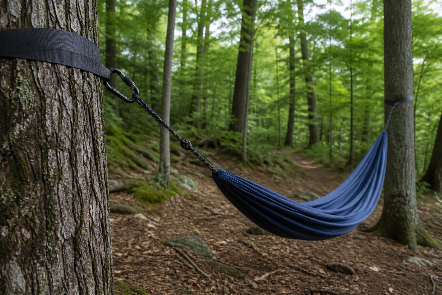 A tree-friendly hammock strap and suspension line hanging at a relaxed angle