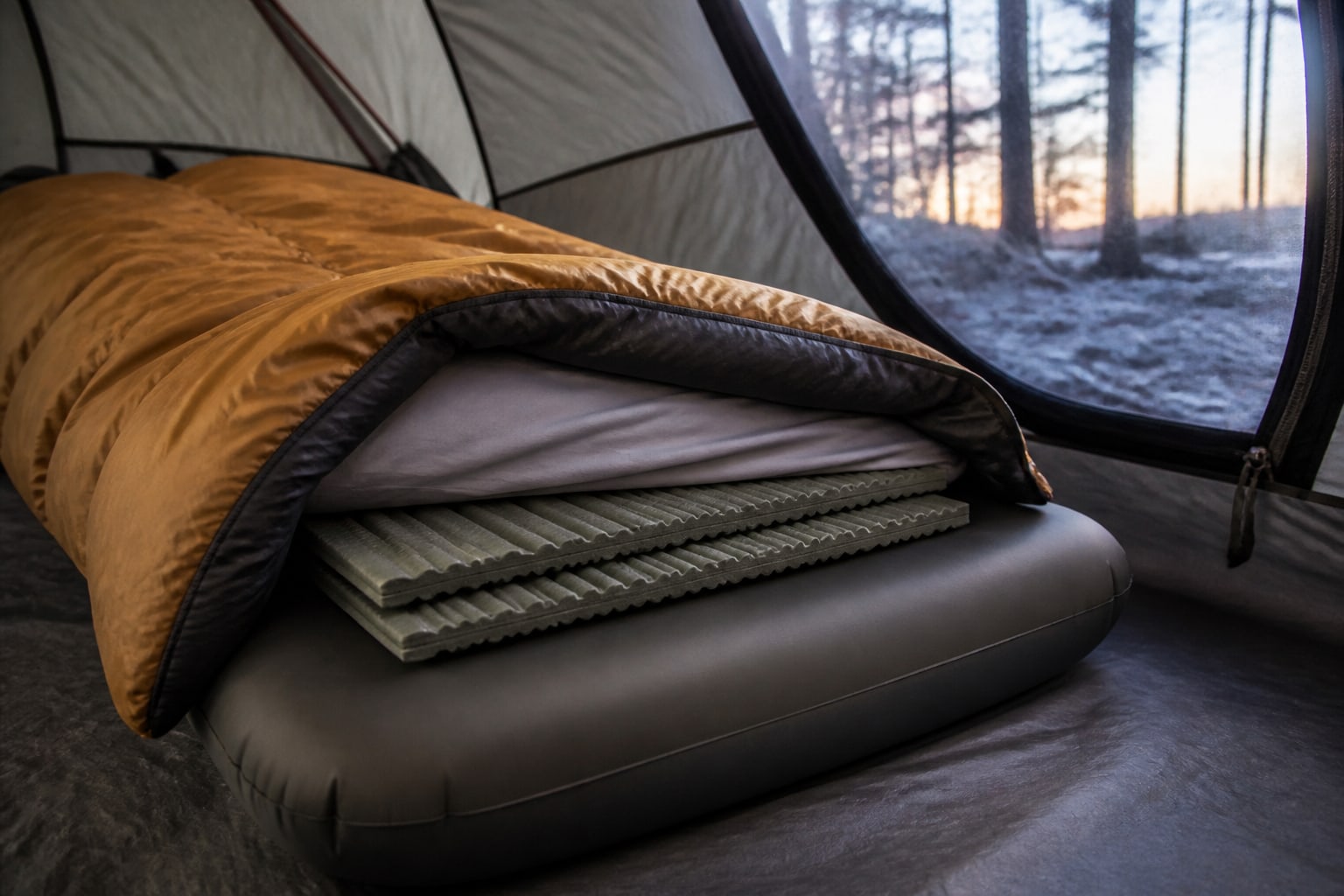 Closed-cell foam pads placed on top of an air mattress beneath the sheet and sleeping bag