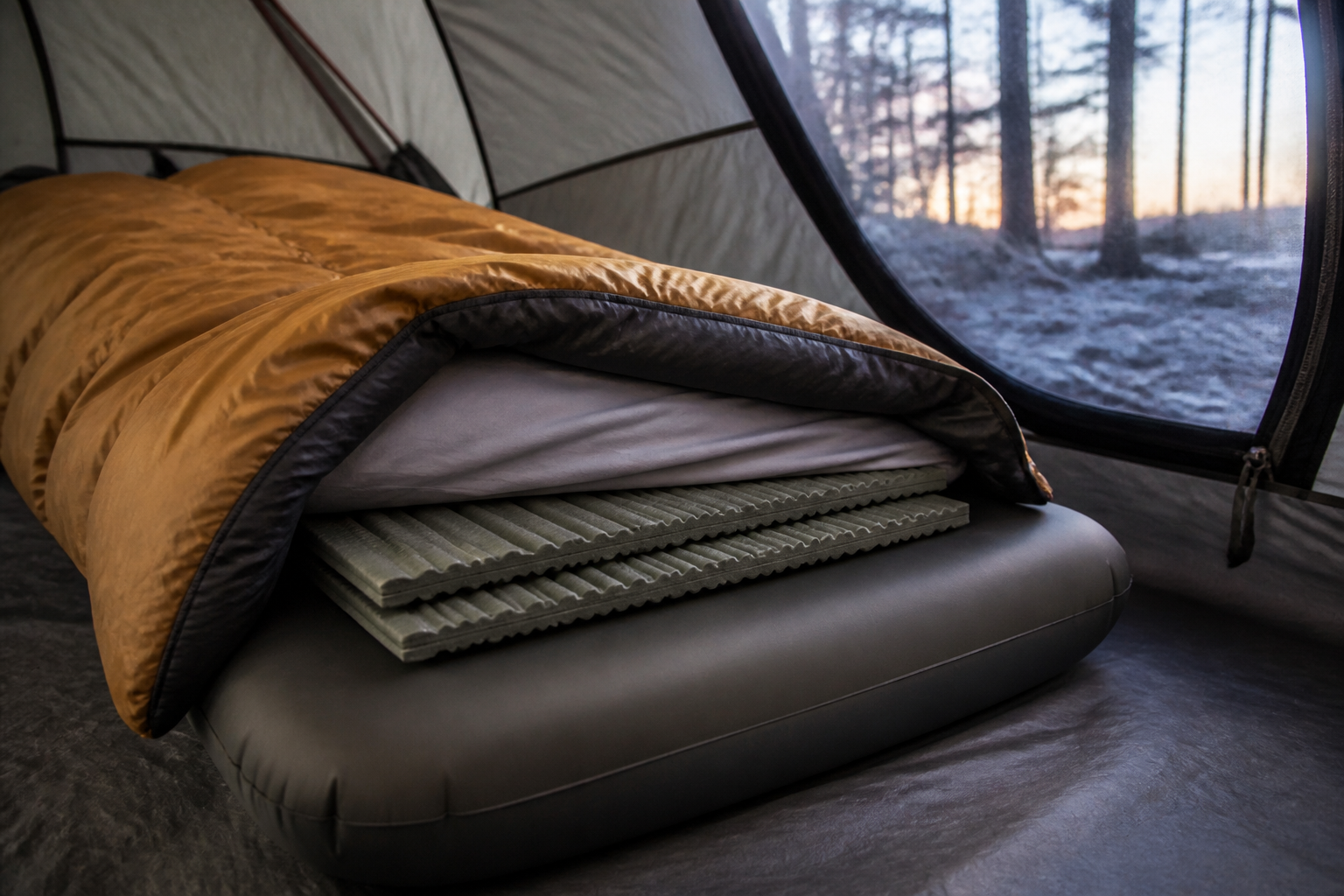 Closed-cell foam pads placed on top of an air mattress beneath the sheet and sleeping bag