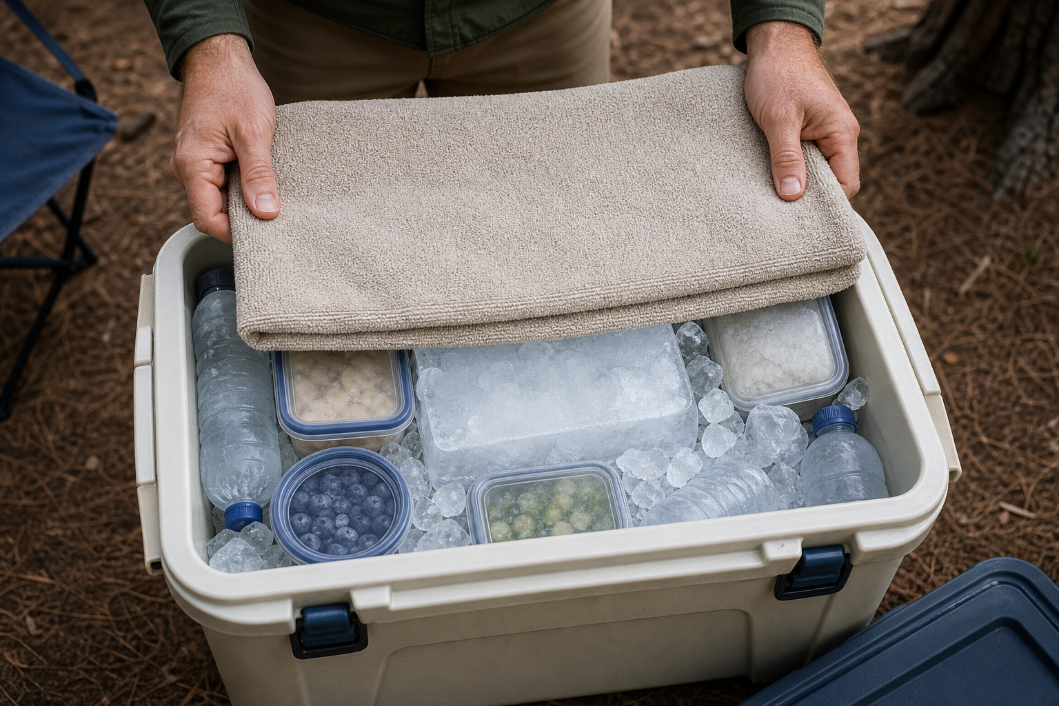 A tightly packed camping cooler with block ice, frozen bottles, sealed food, and an insulating towel
