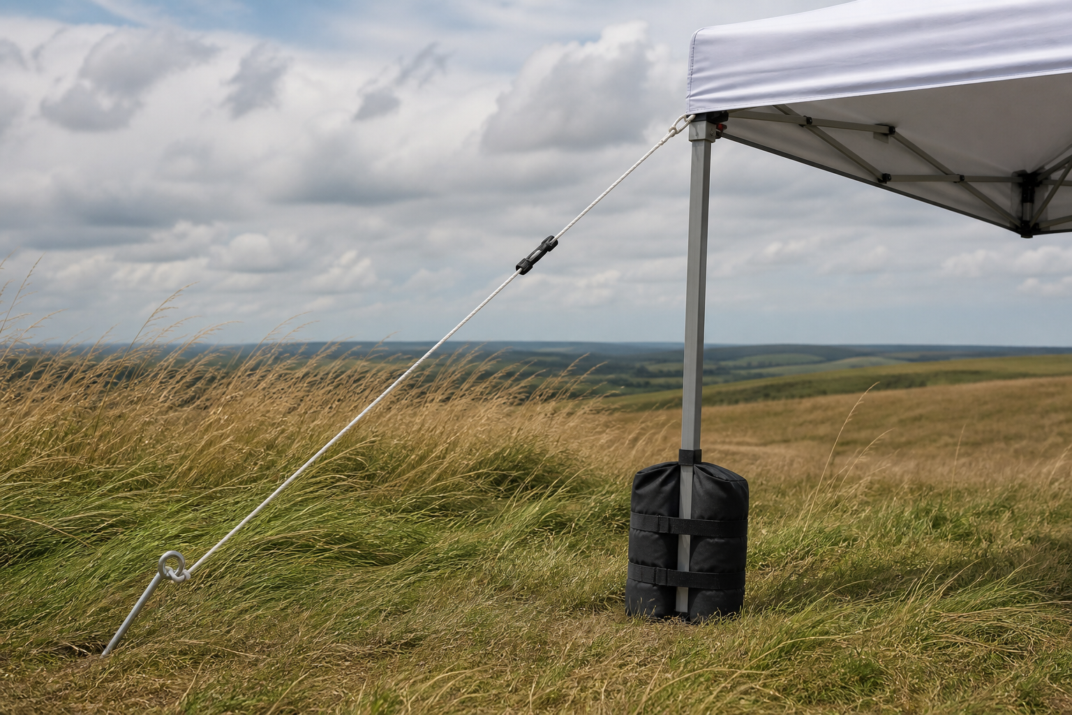 A canopy corner secured with a guyline, angled stake, tensioner, and separate leg weight