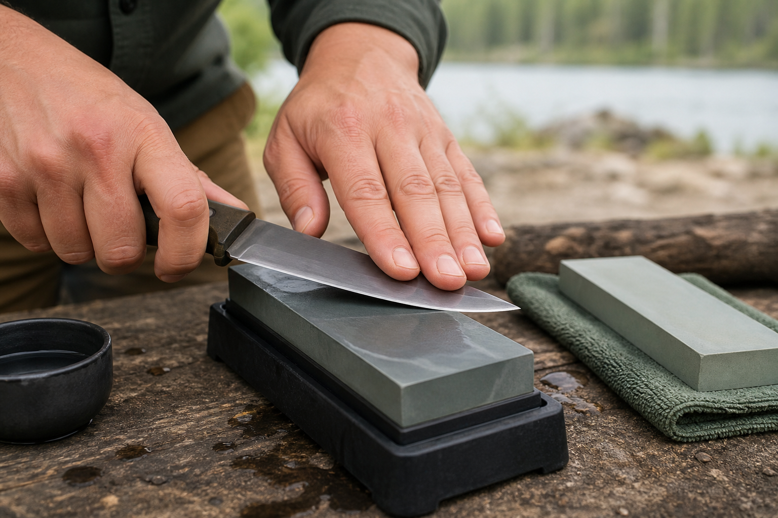A camping knife held at a controlled shallow angle on a secured water stone