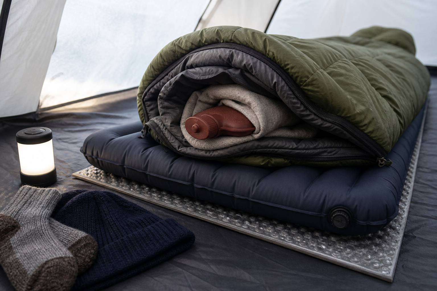 A cold-weather sleep system layered with foam and an insulated pad beneath the sleeping bag