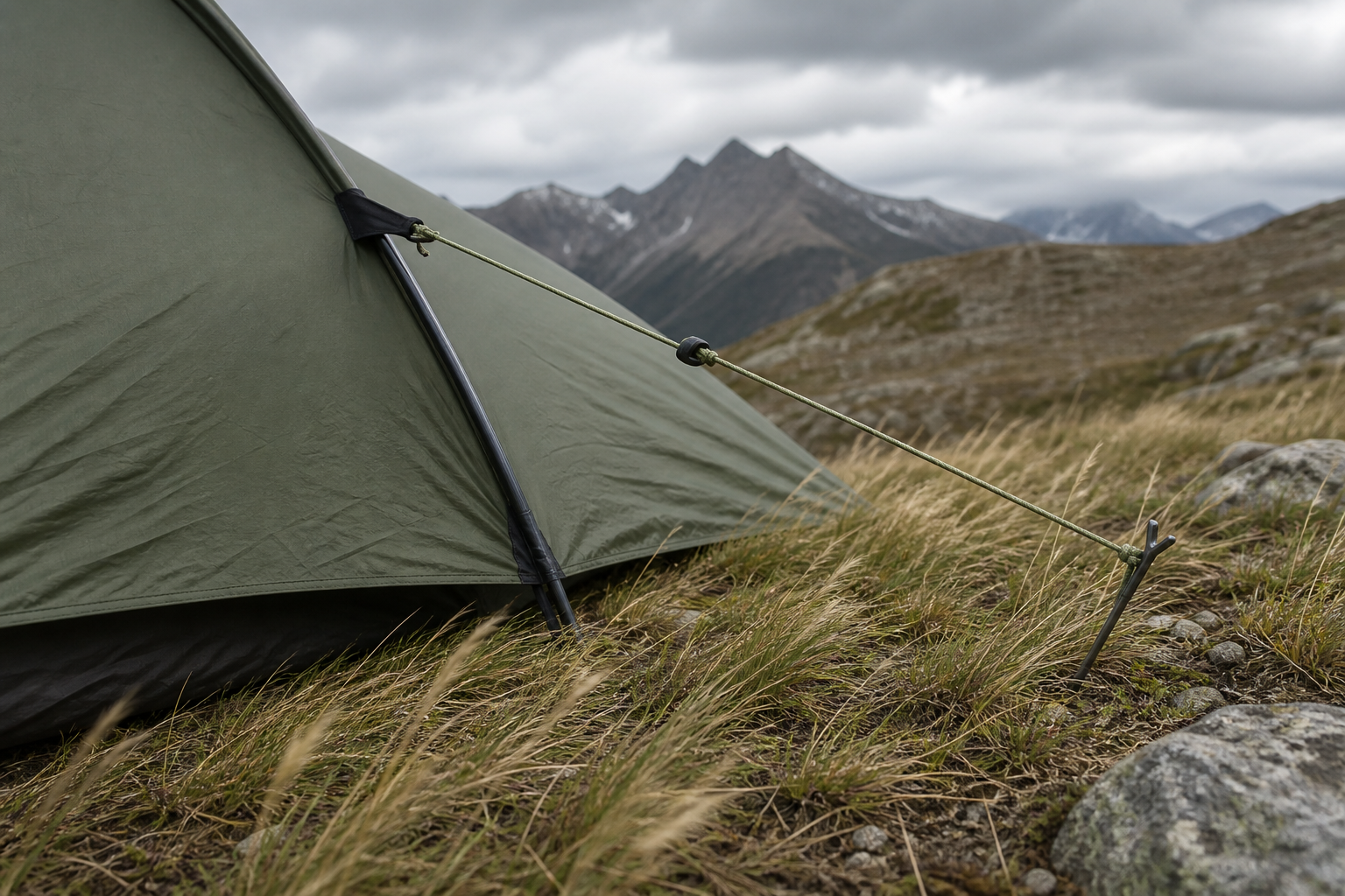 A low camping tarp pitched with multiple tensioned anchor points
