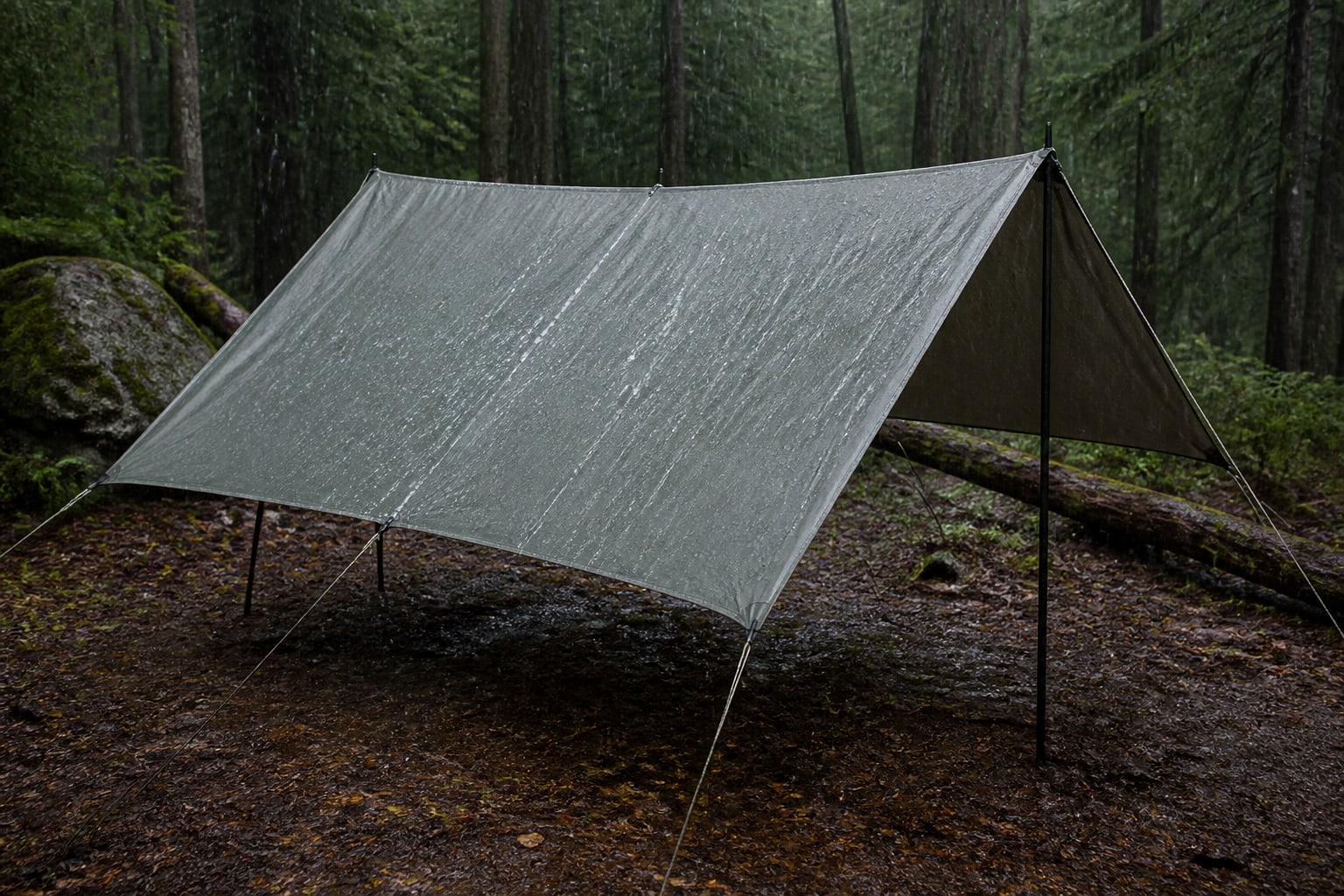 A taut A-frame camping tarp with steep faces shedding rain without a center sag