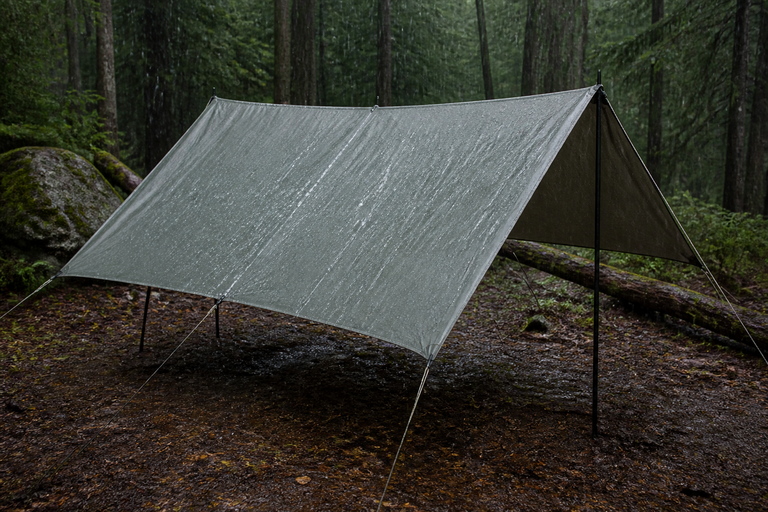A taut A-frame camping tarp with steep faces shedding rain without a center sag
