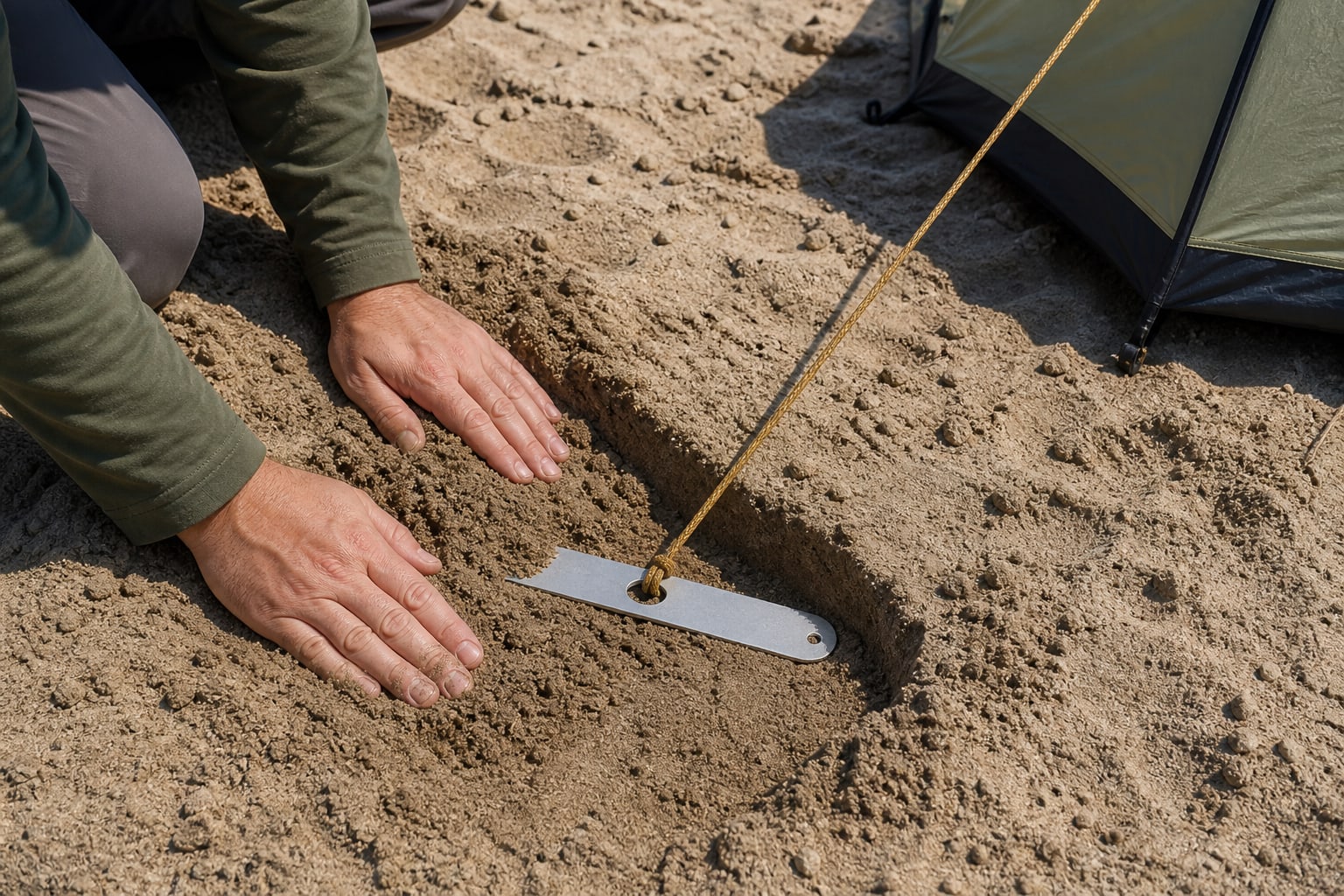 A broad terrain-specific stake and sand anchor securing a tent in loose soil