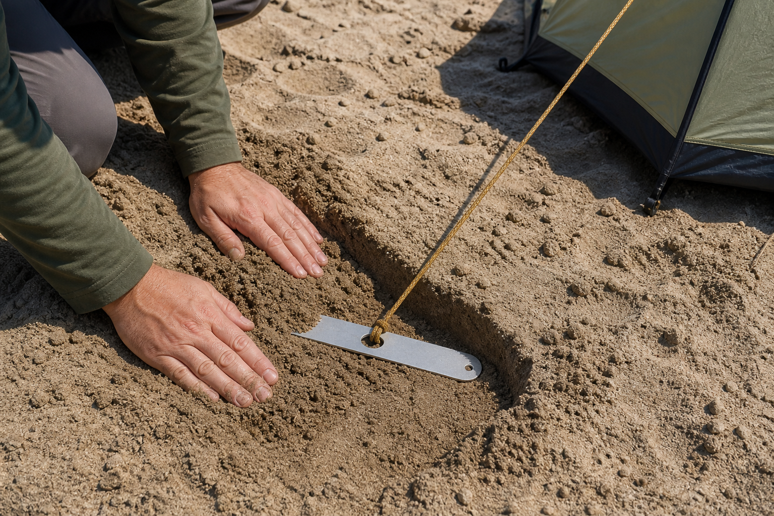 A broad terrain-specific stake and sand anchor securing a tent in loose soil