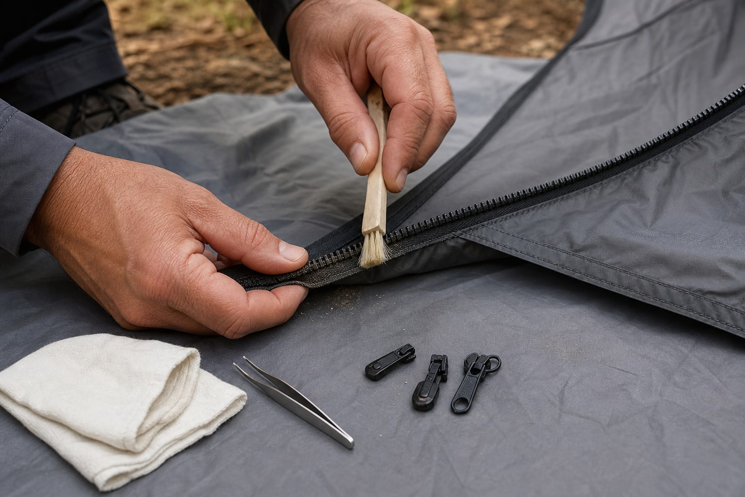 Fine campsite grit being brushed from an open tent zipper before lubrication