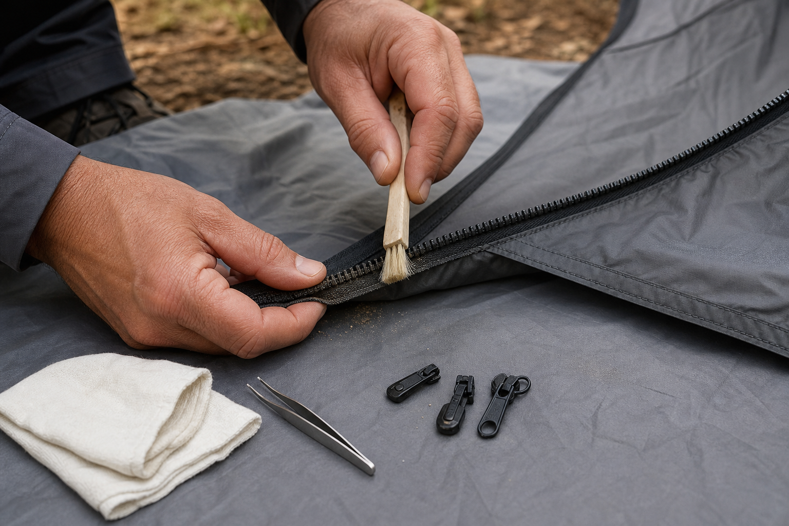 Fine campsite grit being brushed from an open tent zipper before lubrication