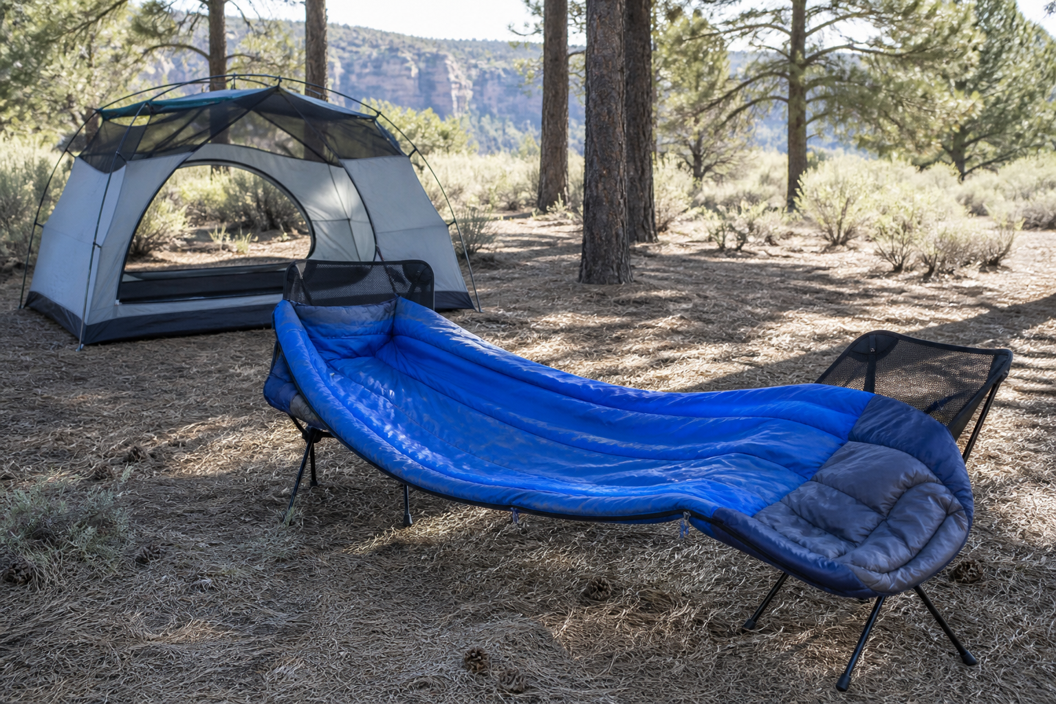 A sleeping bag opened across two mesh chairs while a nearby tent is fully ventilated