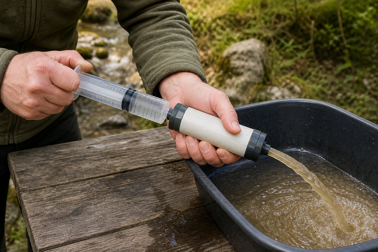 A backpacking water filter being used beside a natural water source