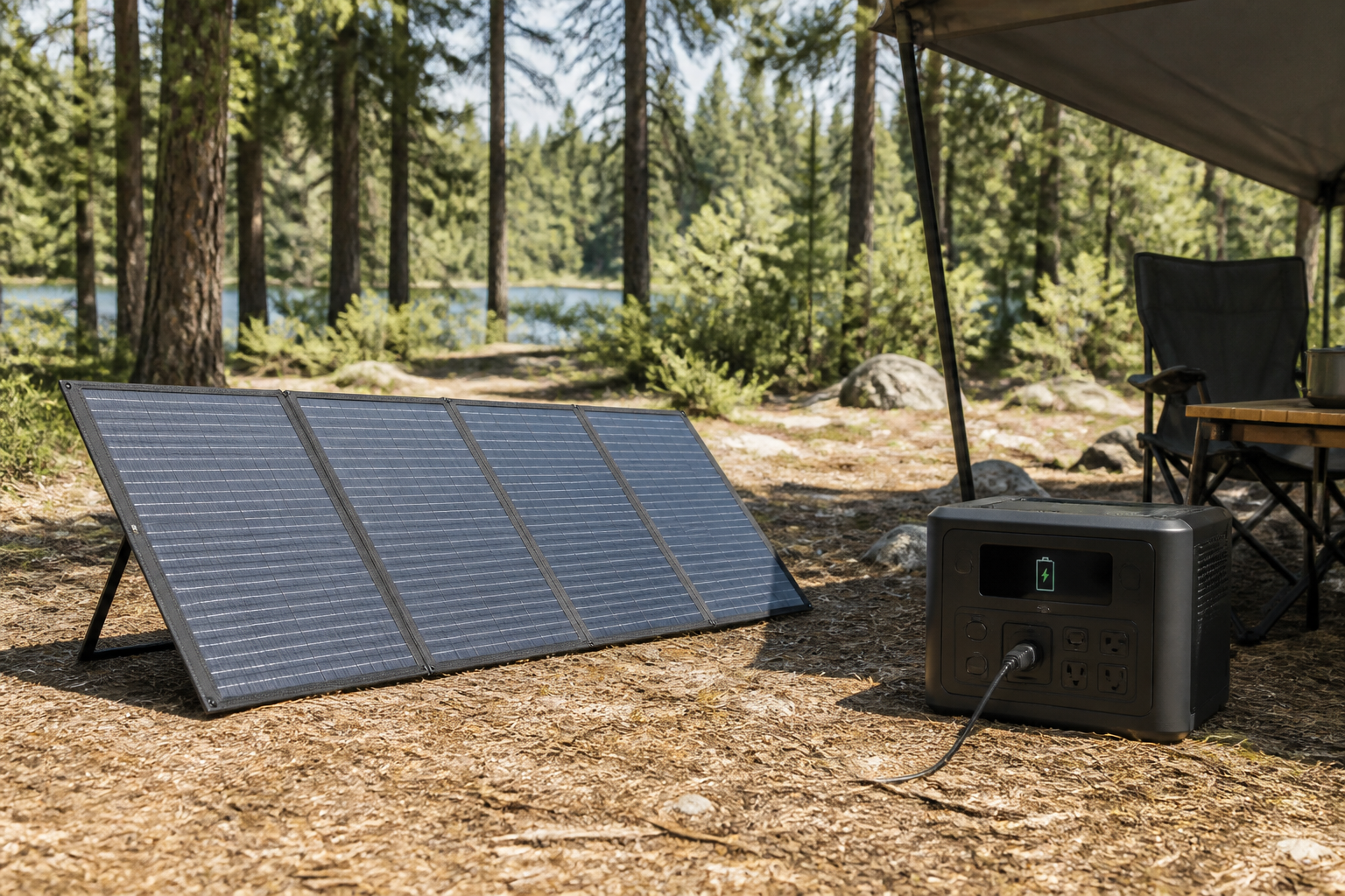 A foldable solar panel tilted in full sun with one secure cable to a shaded power station
