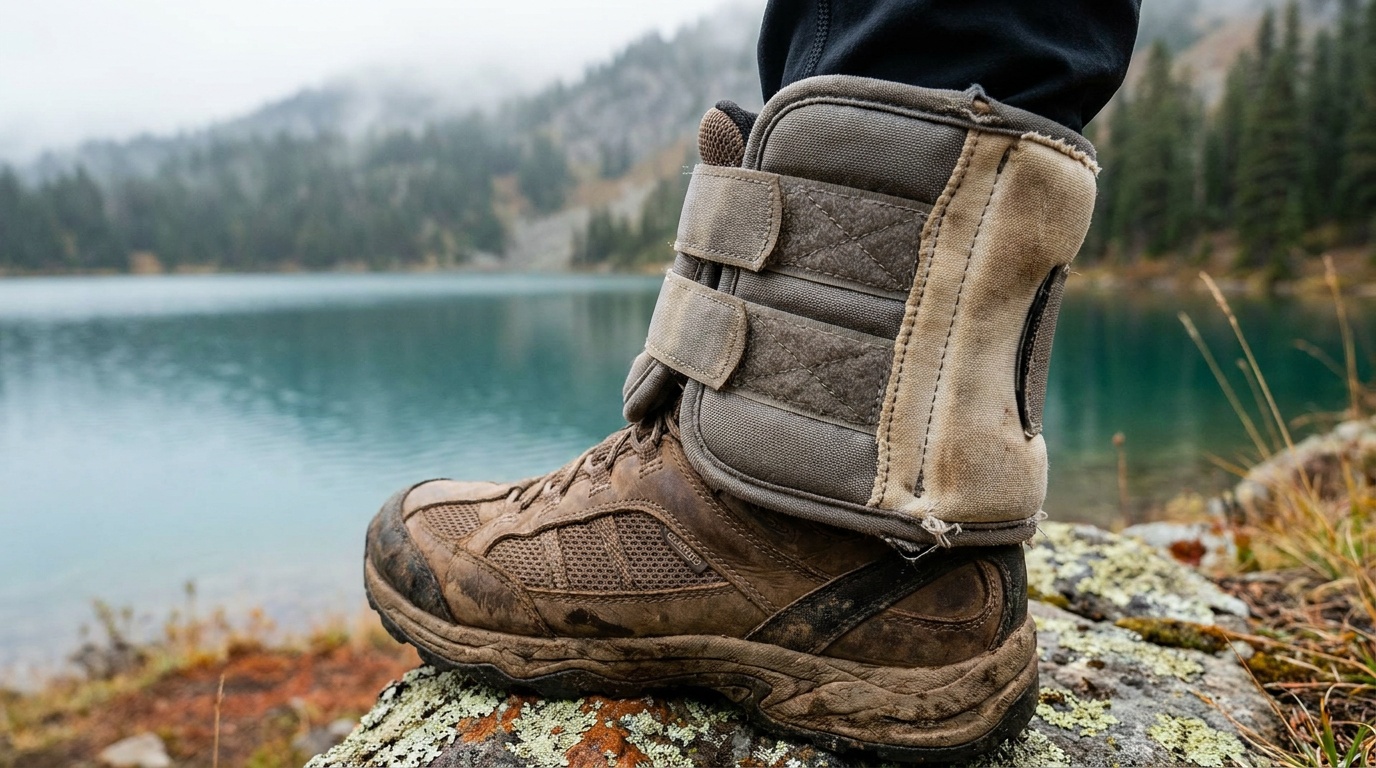 Close-up of a double velcro ankle weight strap fastened snugly above the ankle bone on a walking shoe, showing the padded sleeve and reinforced stitching