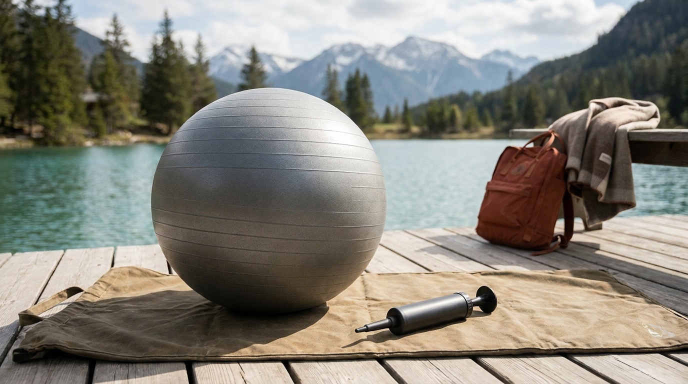 BalanceFrom Anti-Burst exercise ball inflated to 65cm on a gym mat with the included hand pump beside it, showing the ball's textured surface and matte finish