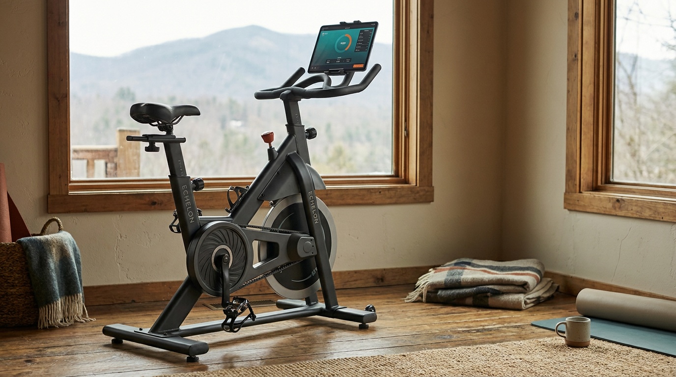 Echelon EX-15 Smart Connect Fitness Bike in a home gym, tablet mounted on the media holder, belt drive visible from the side