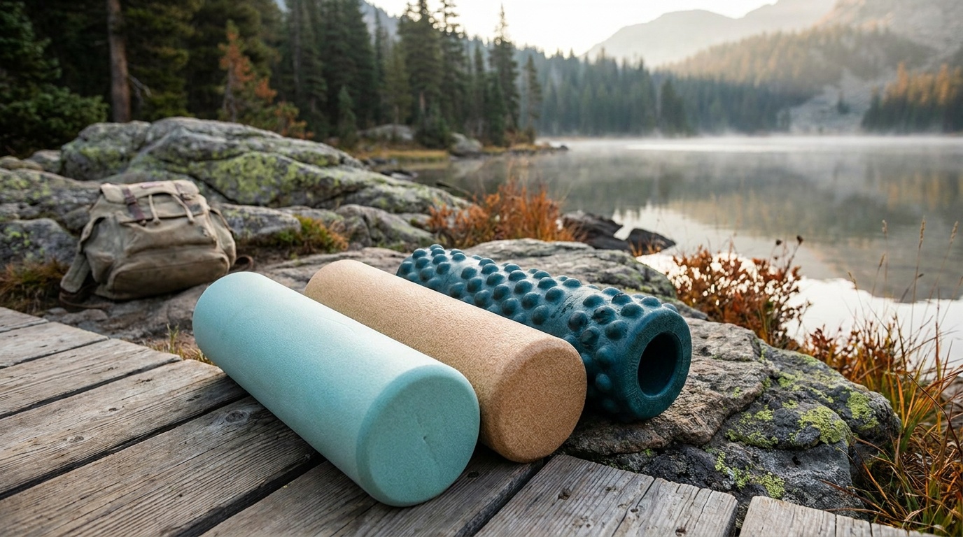 Three foam rollers side by side showing the density gradient from soft to firm, with the RumbleRoller's pronounced bumps visible on the right