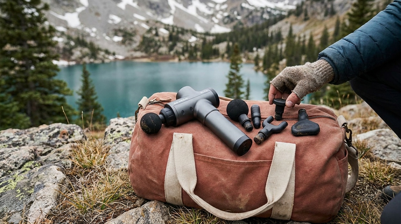 Bob and Brad D6 Pro massage gun with six attachment heads laid out on a gym bag