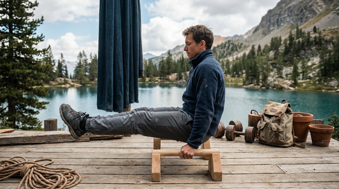 Athlete performing an L-sit on wooden parallettes in a home gym