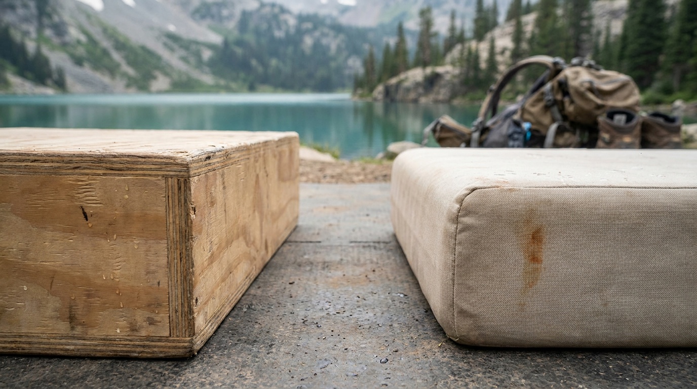 Side-by-side close-up of a sharp-edged wood plyo box corner versus the rounded foam-padded edge of a soft plyo box, on a rubber gym floor