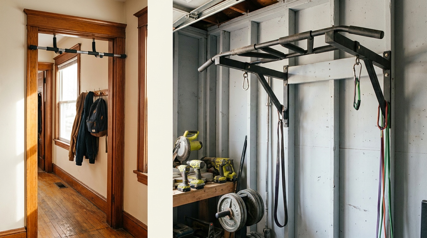 Side-by-side comparison of a doorway pull-up bar installed in a home hallway and a wall-mounted bar bolted to a garage gym stud wall, showing the difference in mounting style and clearance.