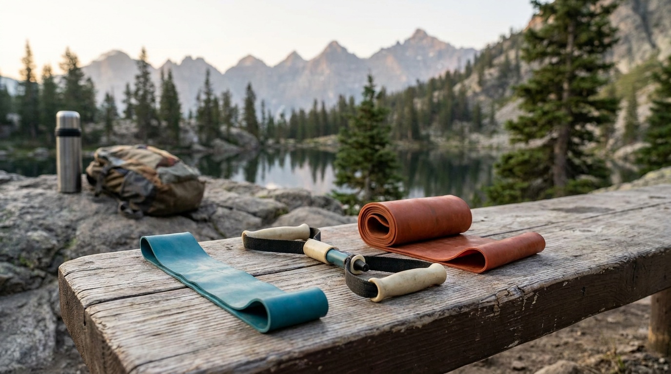 Three resistance band types side by side: a flat latex loop, a handled tube band, and a rolled therapy band sheet