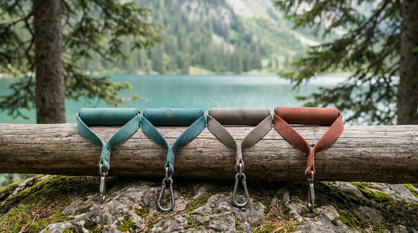 Close-up of foam and padded handles from four resistance tube sets laid side by side showing grip diameter and clip types