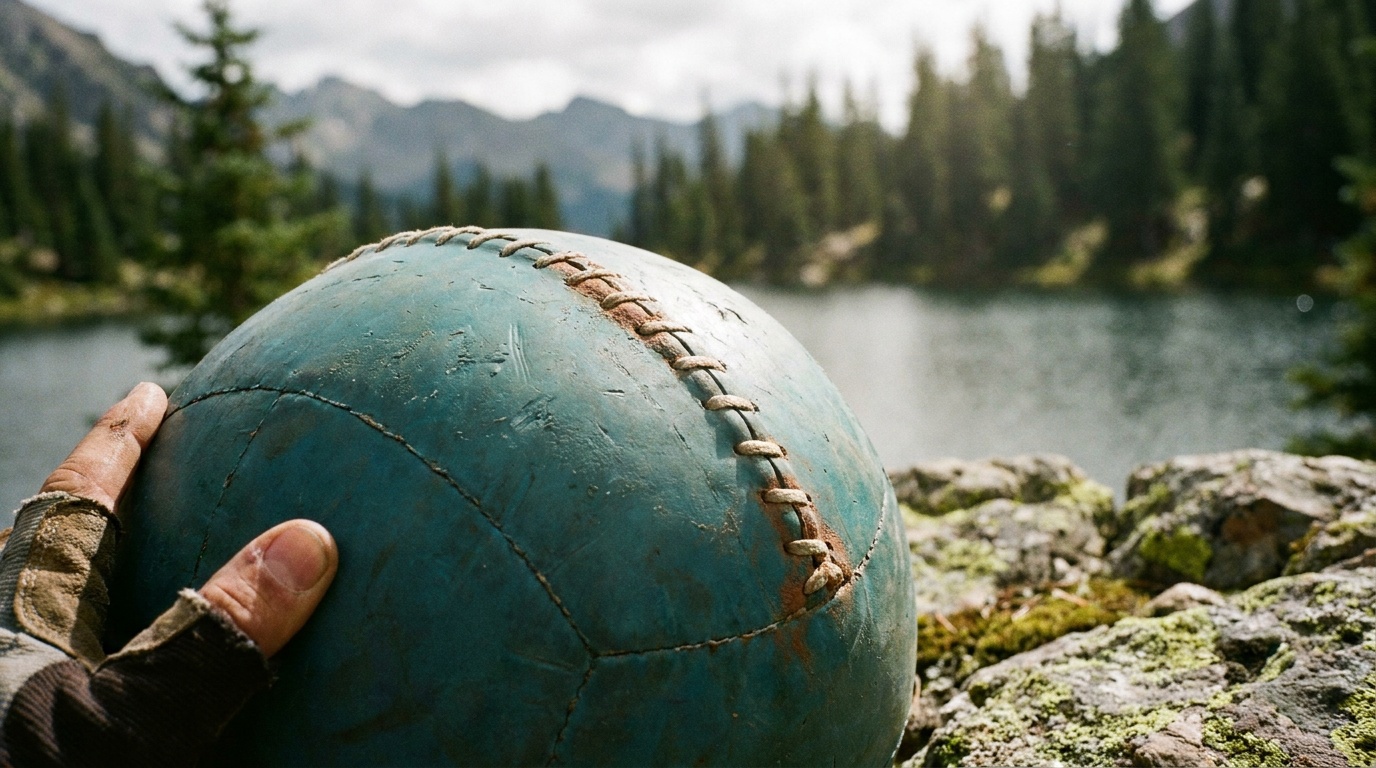 Close-up of a rubber slam ball shell showing thick seam construction and textured grip surface