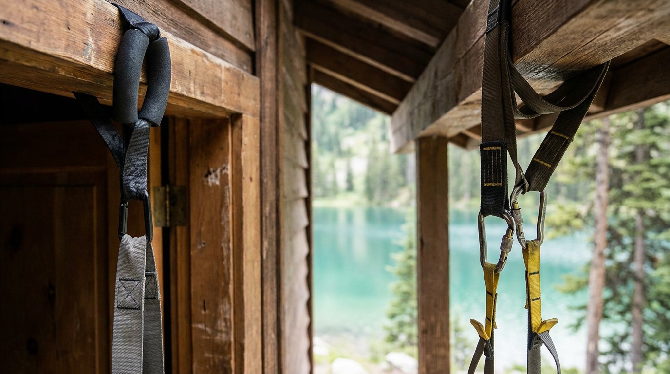 Door anchor and beam anchor setups side by side, showing how suspension trainer straps attach indoors and outdoors