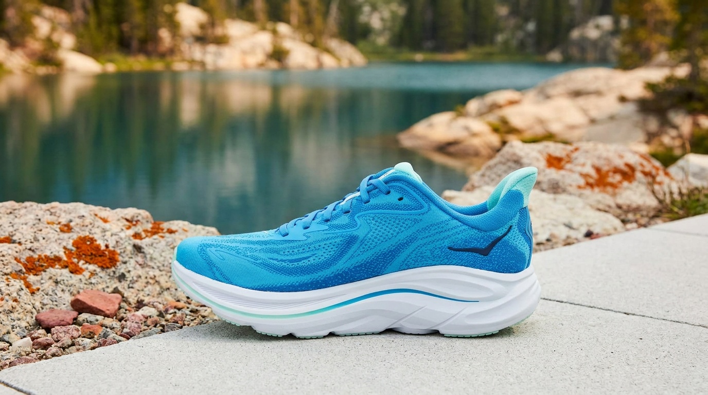 Hoka Clifton 10 in a neutral gray colorway, showing the thick midsole stack and rocker sole profile against a concrete surface