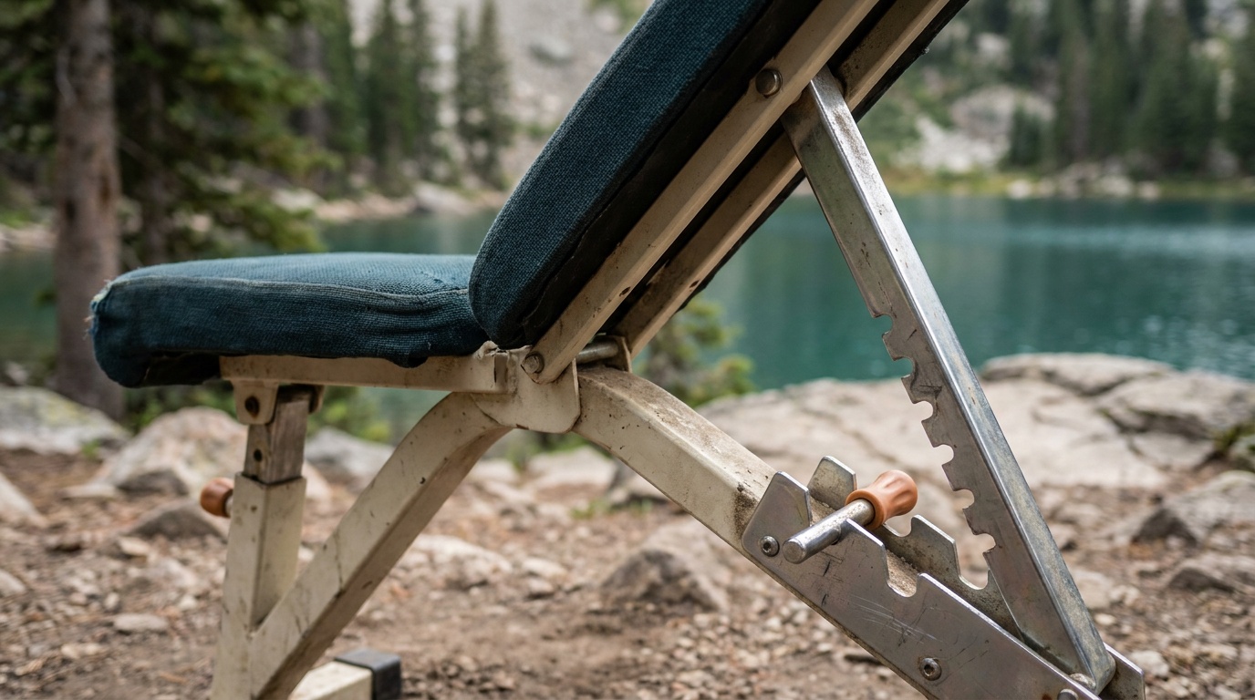 Close-up of an adjustable weight bench back pad showing the angle adjustment ladder and locking pin