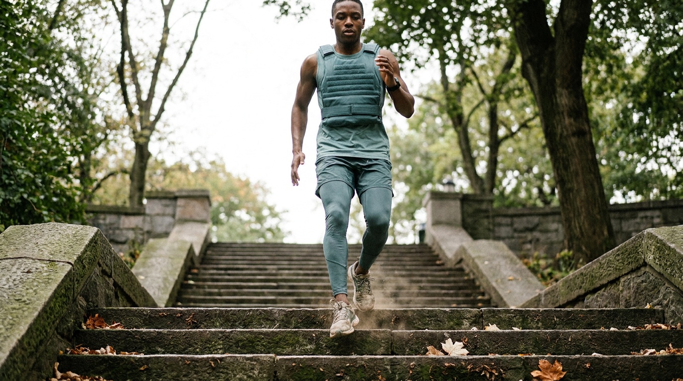A person climbing outdoor stairs in a weighted vest