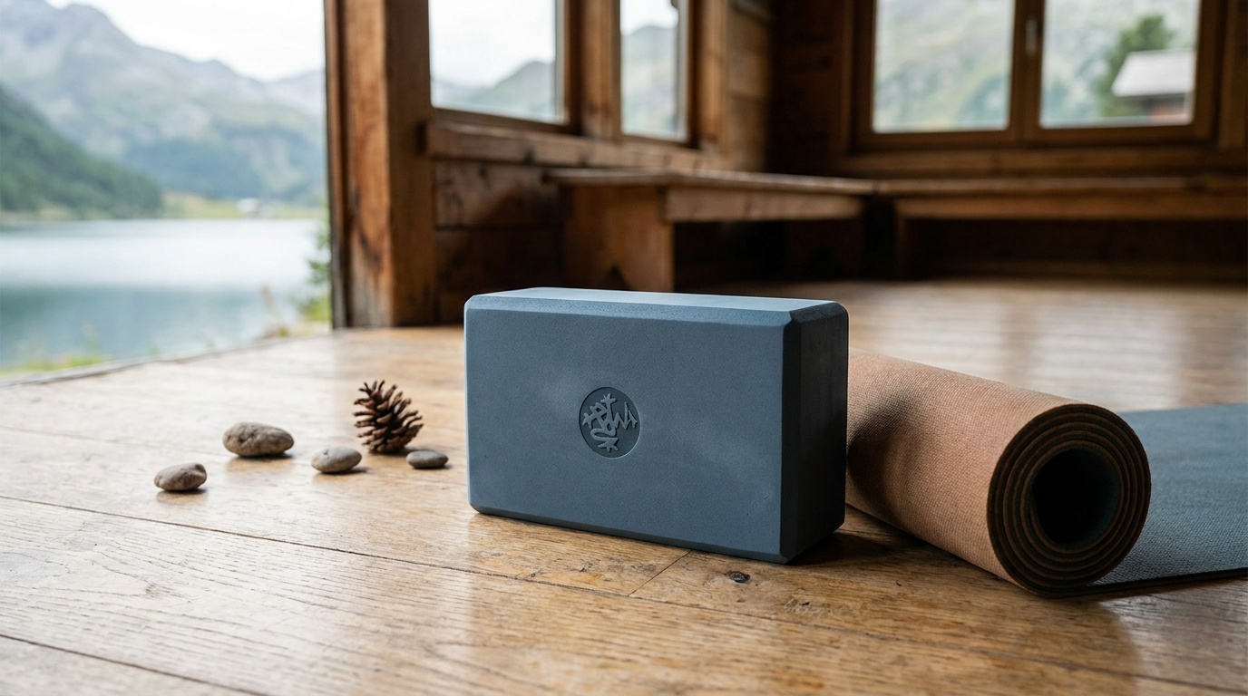 Manduka Recycled Foam yoga block in slate blue on a light wood floor beside a rolled mat