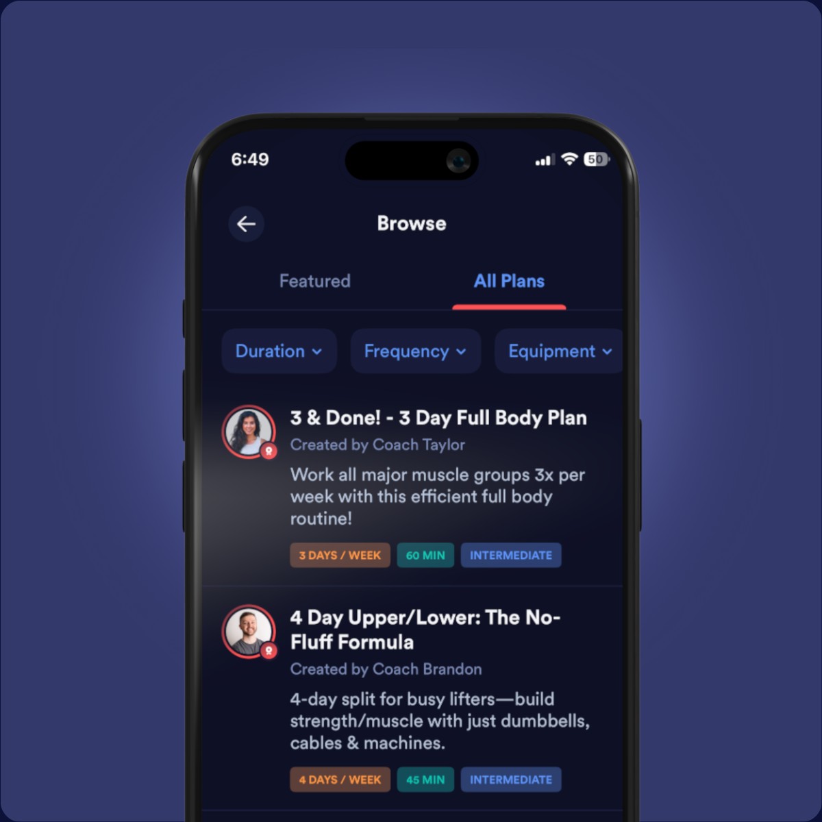 Caliber Plus workout plan library showing filters for duration, frequency, and equipment