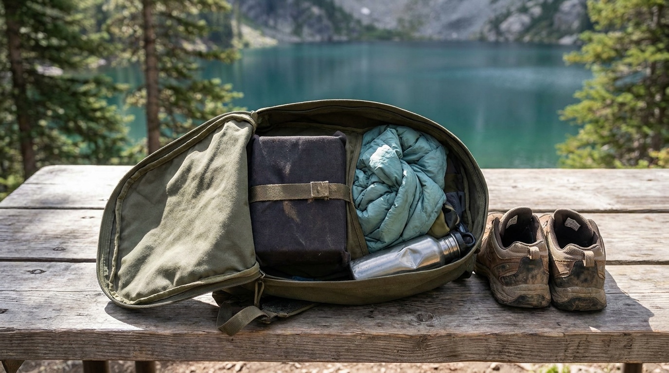 Illustration of an open backpack with a secured fabric-wrapped load, jacket and water bottle