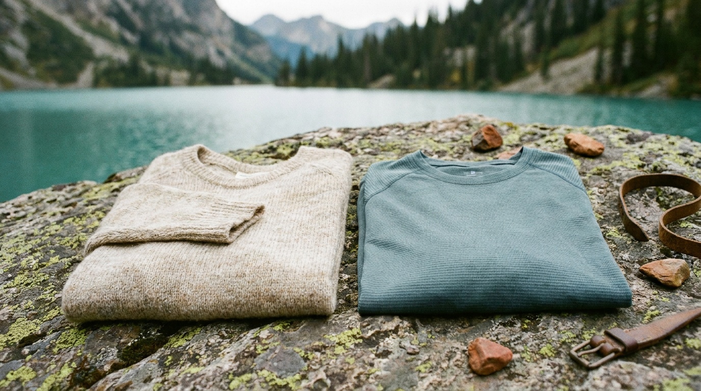 Side-by-side of a merino base layer and a synthetic base layer laid flat, showing fabric weave differences
