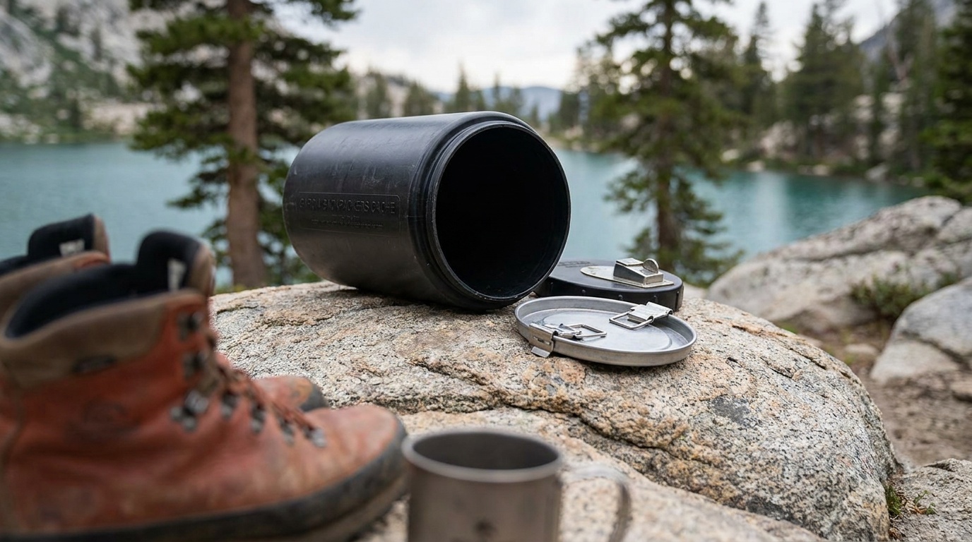 Garcia Backpackers Cache bear canister open on a campsite rock, showing the coin-operated two-latch lid mechanism