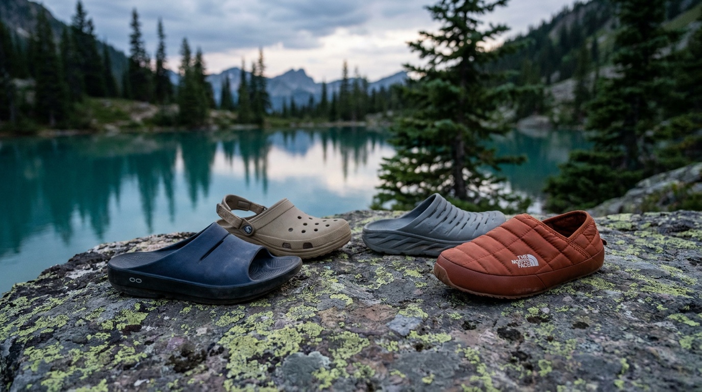Four camp shoes arranged on a flat rock: OOFOS slide, Crocs All Terrain clog, HOKA Ora slide, and North Face ThermoBall mule, photographed in soft side light showing sole profiles