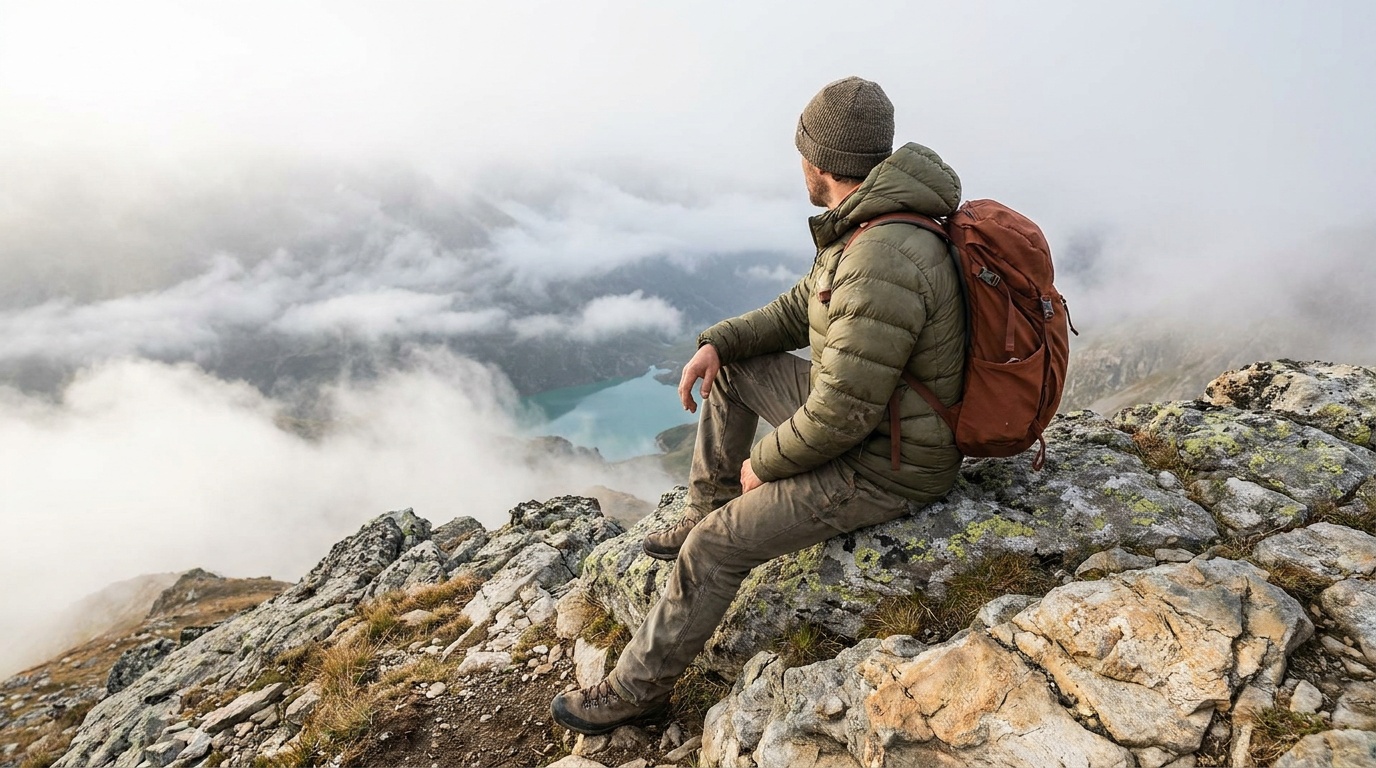 A hiker wearing the Rab Microlight Alpine Down Jacket on a rocky ridge with mist in the valley below