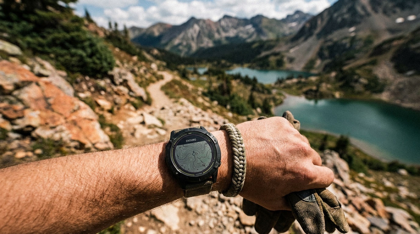 Garmin Enduro 3 on a hiker's wrist with a topo map visible on the display, mountain trail in the background