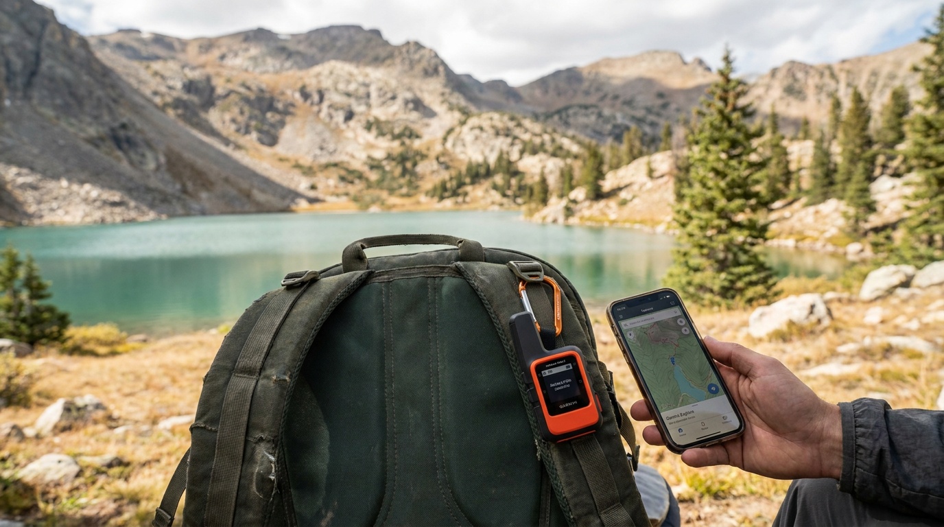 Garmin inReach Mini 2 clipped to a backpack strap with a smartphone showing the Garmin Explore app