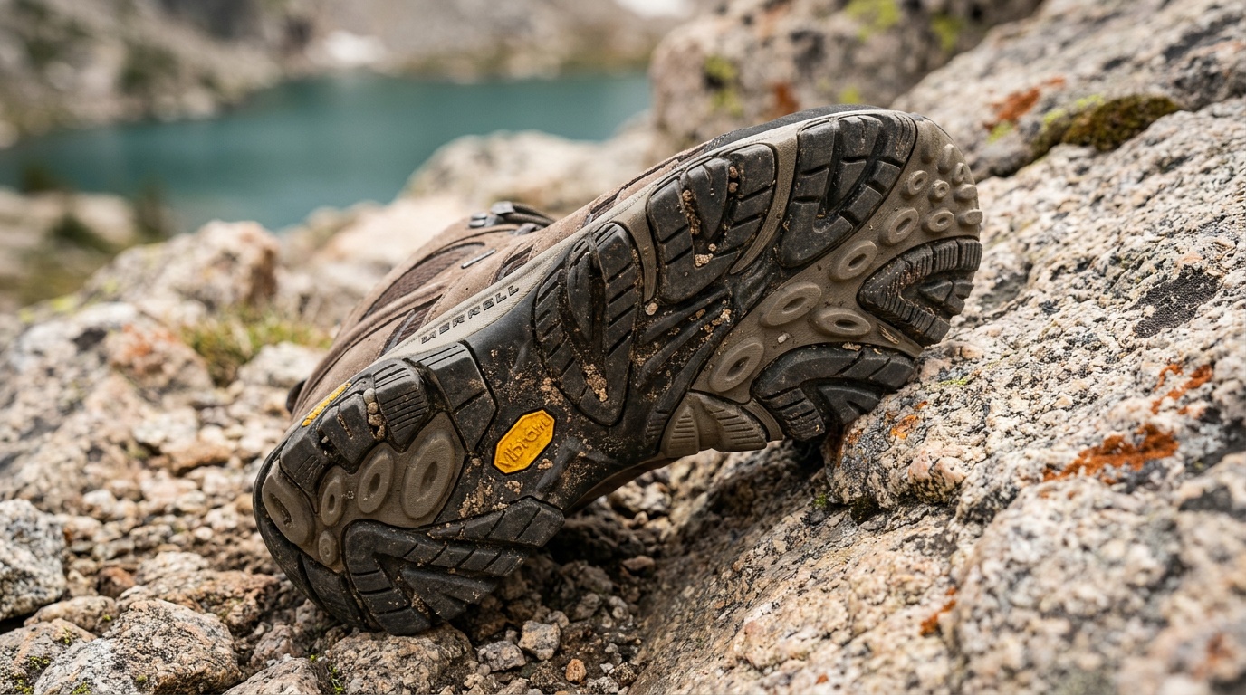 Outsole tread patterns of four hiking boots side by side on a wooden surface, showing lug depth variation