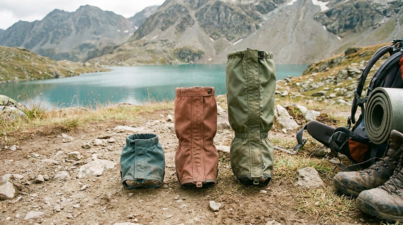 Side-by-side comparison of low, mid, and full-height hiking gaiters on a dirt trail